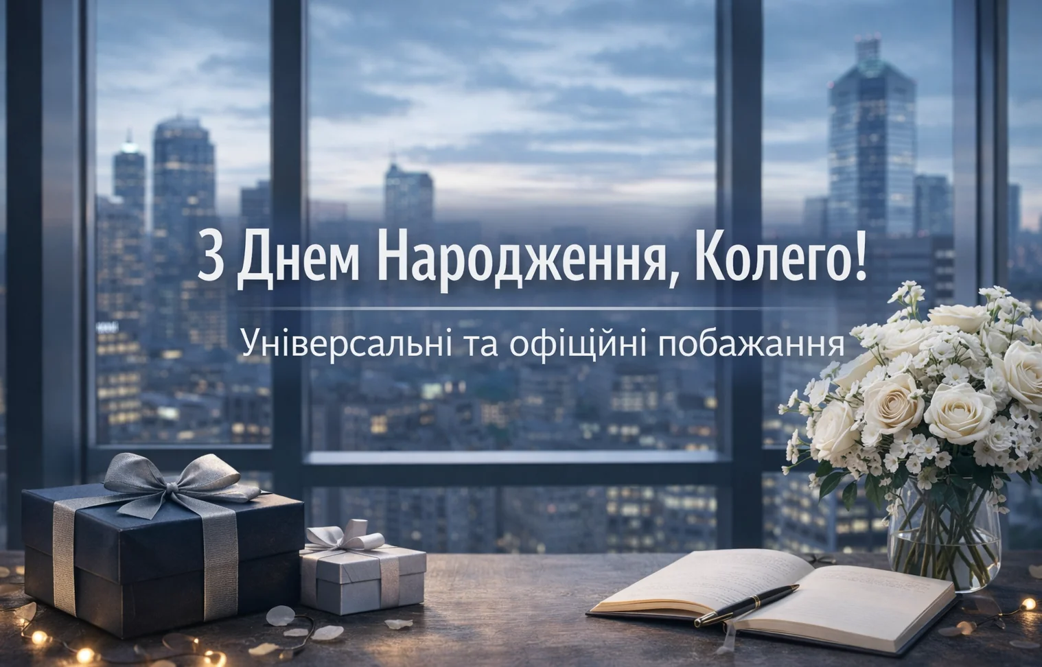 Стіл з подарунками та квітами на фоні міста з написом З Днем Народження, Колего