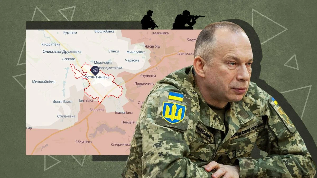 Украинский командир ВСУ на фоне карты боев за Константиновку с обозначением линии фронта