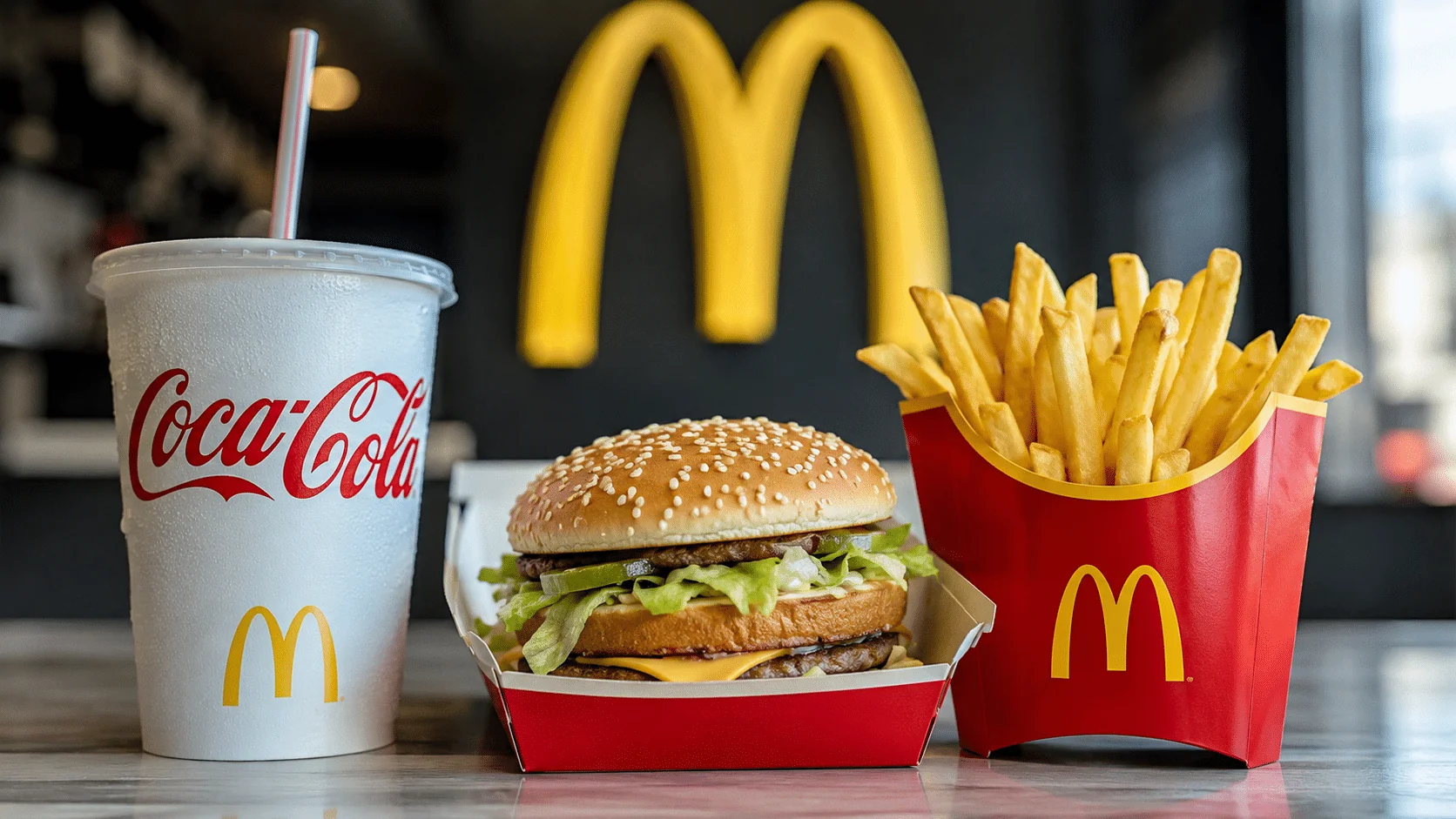 Coca-Cola у McDonalds поруч із бургером та картоплею фрі
