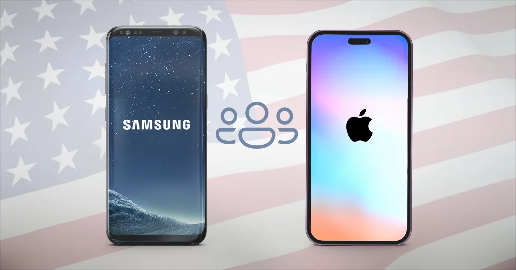 Смартфоны Samsung и Apple на фоне флага США как символ азиатского производства