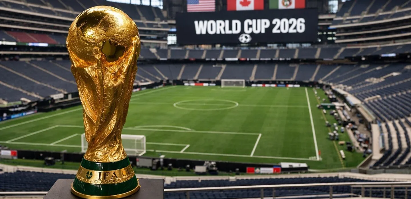 Трофей ЧС-2026 з футболу на стадіоні з банером World Cup 2026