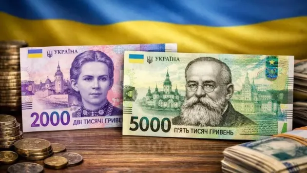 Банкноти 2000 і 5000 гривень на тлі прапора України