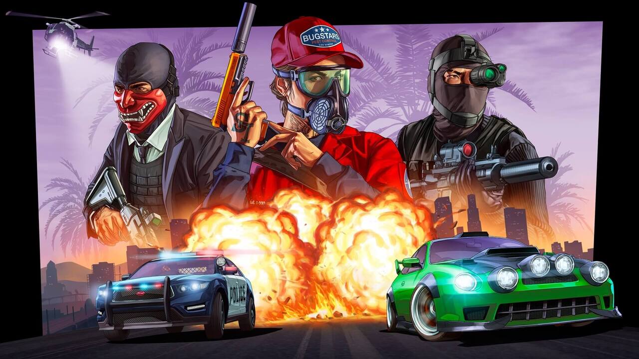 Персонажі GTA Online з вибухами та авто під час пограбування
