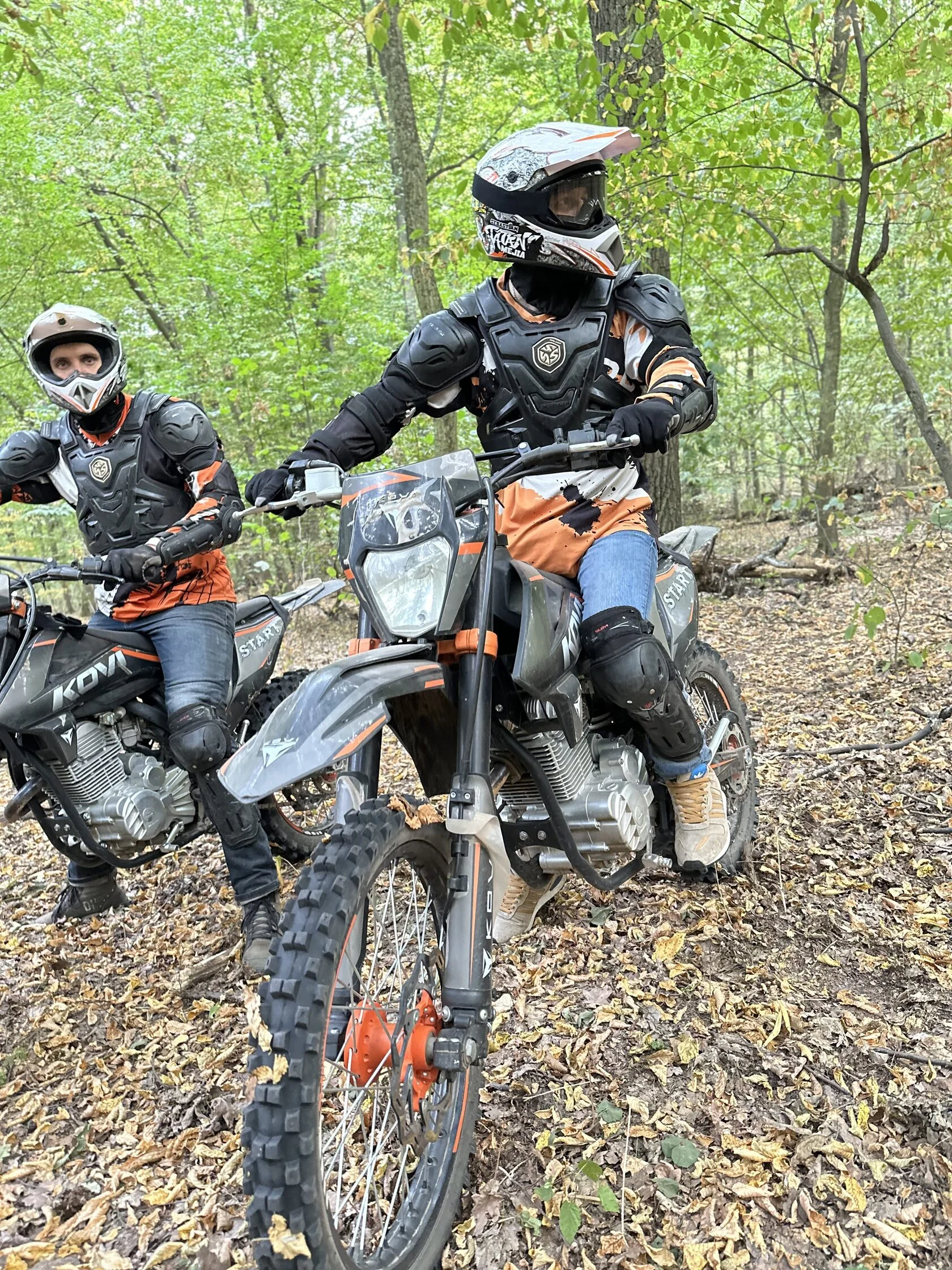 Мотоциклісти на KTM у лісі на бездоріжжі поза дорогами