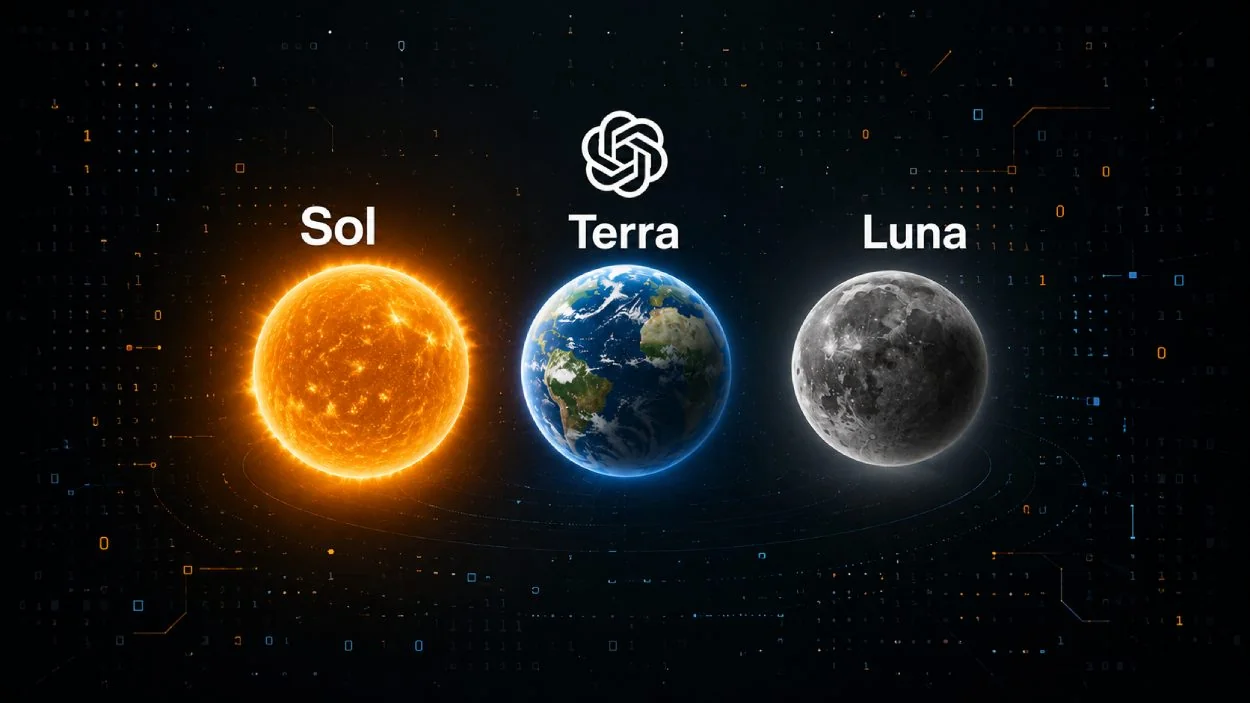 Моделі GPT-5.6 Sol Terra Luna у вигляді Сонця Землі та Місяця з логотипом OpenAI