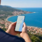Турист переглядає карту навігації на смартфоні з видом на морське узбережжя