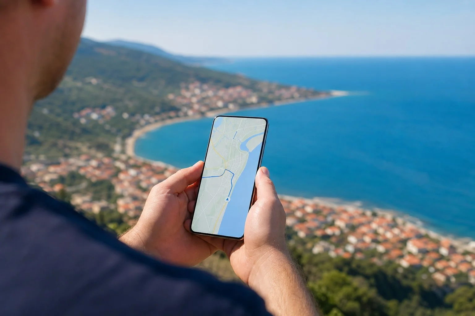 Турист переглядає карту навігації на смартфоні з видом на морське узбережжя