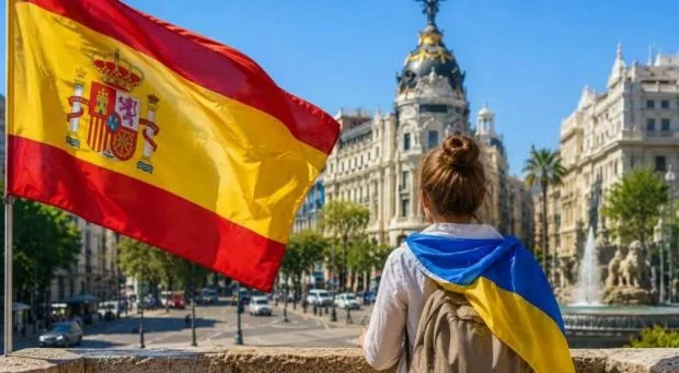 Українка з прапором України на тлі іспанського прапора в місті