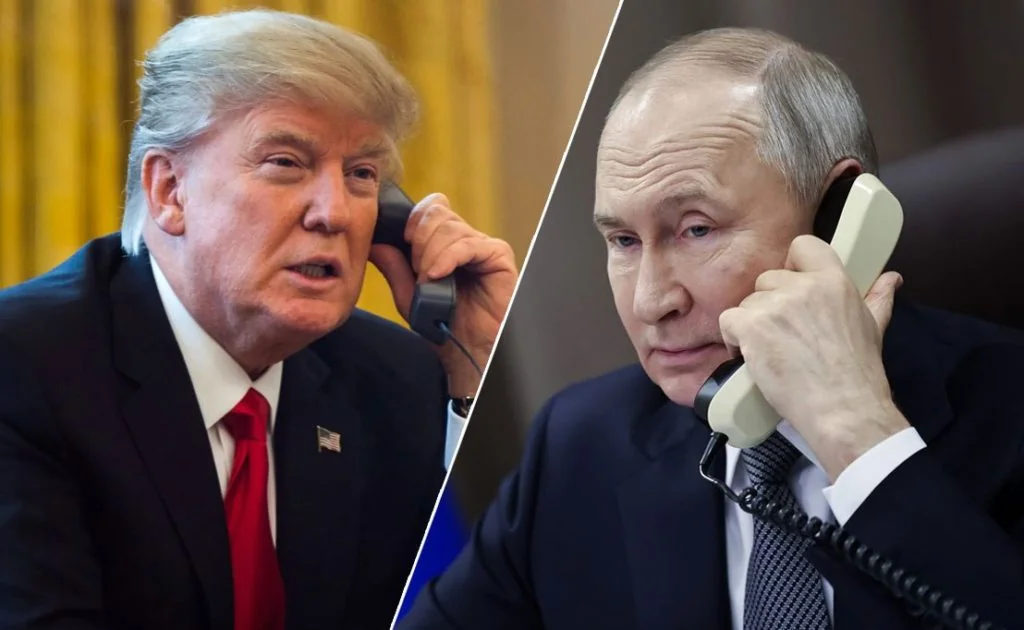 Дональд Трамп і Володимир Путін тримають телефонні трубки в очікуванні дзвінка