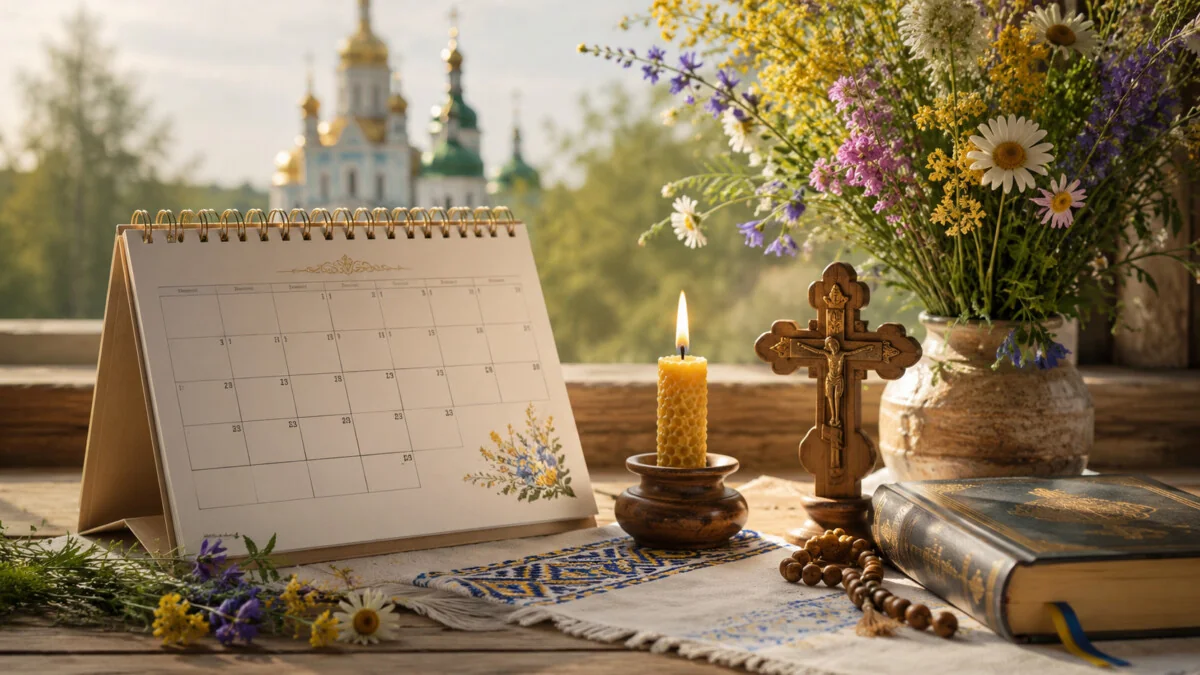 Православный календарь на июль с крестом, свечой и цветами возле церкви