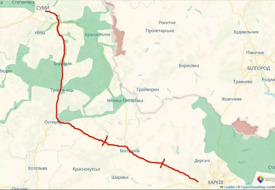 Карта Сумської та Харківської областей з червоною лінією кордону