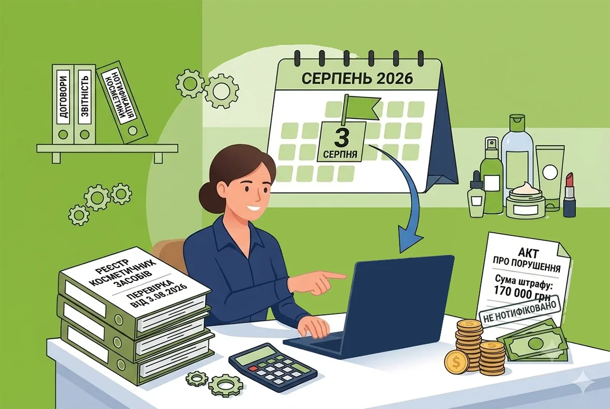 Жінка реєструє косметичні засоби перед 3 серпня 2026 року з актом про штраф
