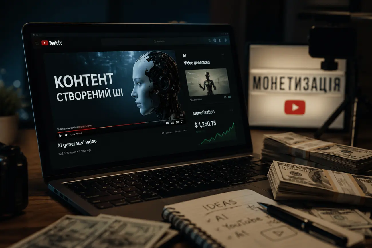 Ноутбук з YouTube ШІ-відео, табличка монетизація, стопки доларів і блокнот ідей