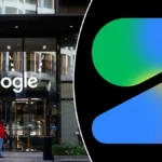 Вхід до офісу Google з людиною в червоній куртці та яскравий градієнтний логотип