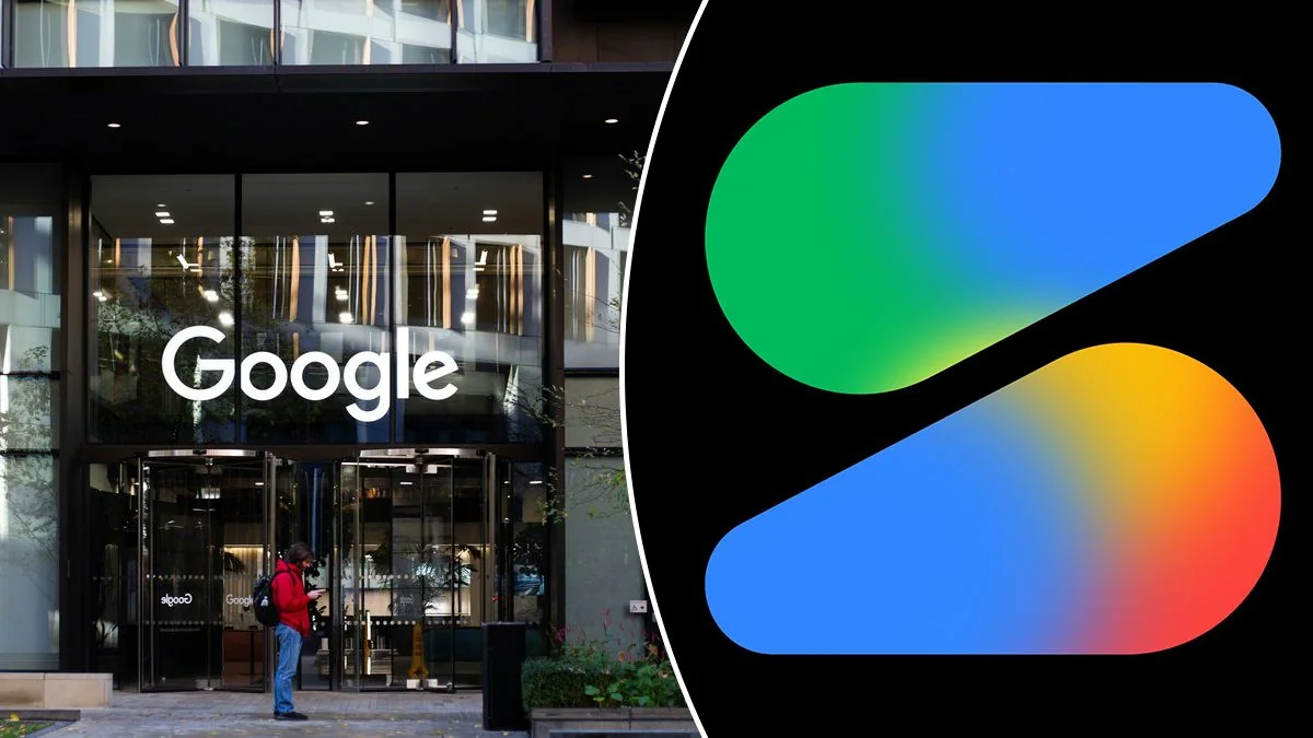 Вход в офис Google с человеком в красной куртке и ярким градиентным логотипом